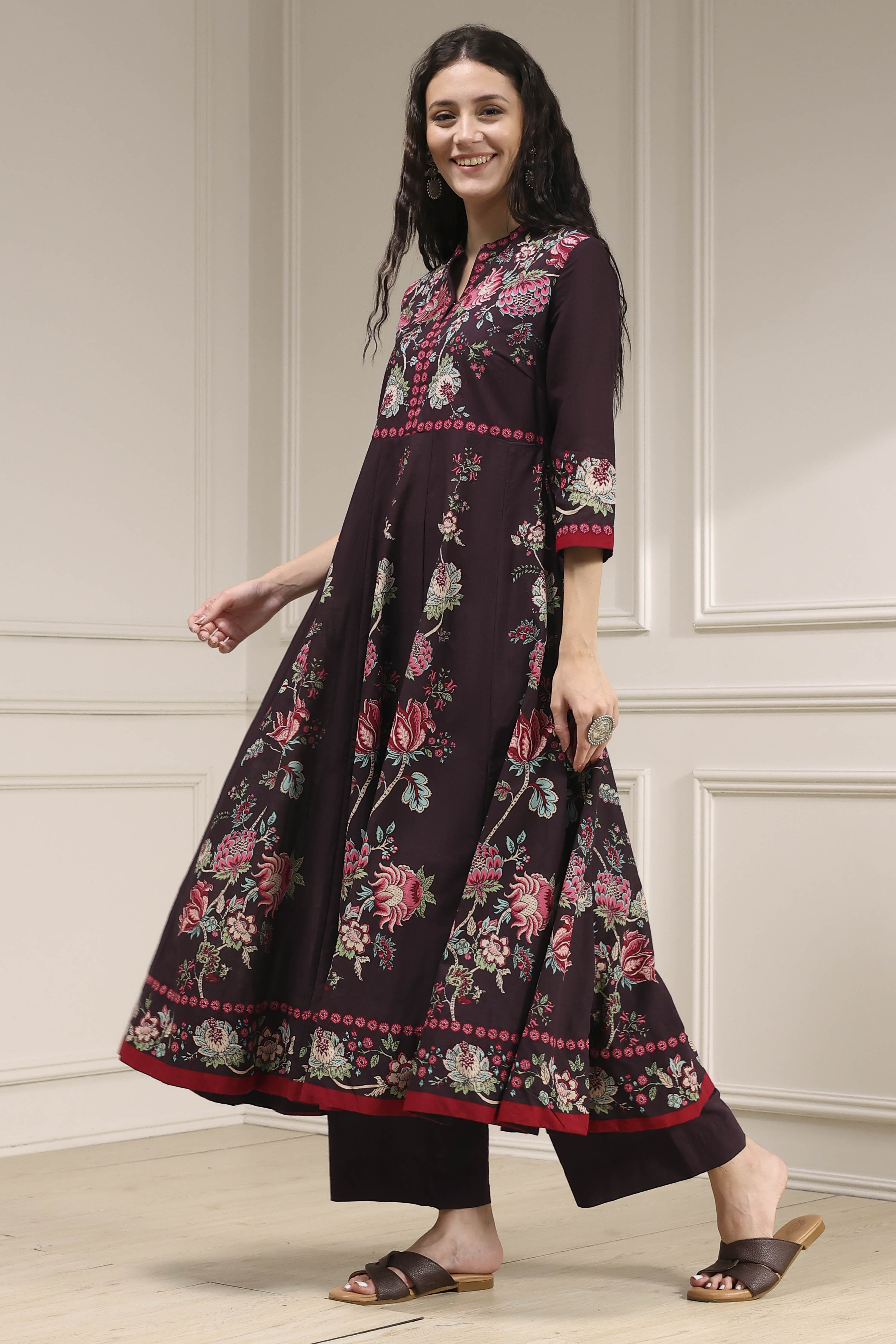 Blue Cotton Printed Anarkali Suit Set image number 3