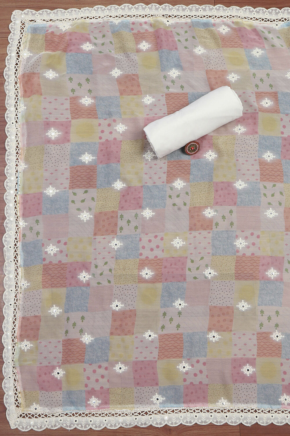 Cream Cotton Schiffly Unstitched Suit Set image number 3