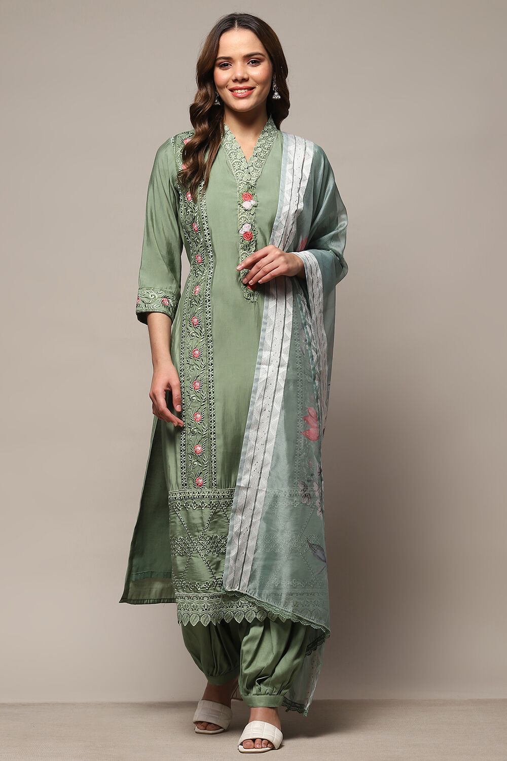 Green Silk Blend Unstitched Suit Set image number 8