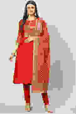 Red Art Silk Layered Kurta Churidar Suit Set image number 6