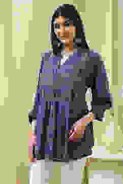 Blue Printed Straight Short Kurta image number 2