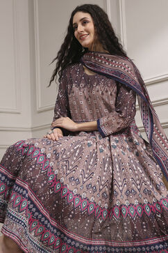Mud Brown Cotton Printed Anarkali Suit Set image number 7