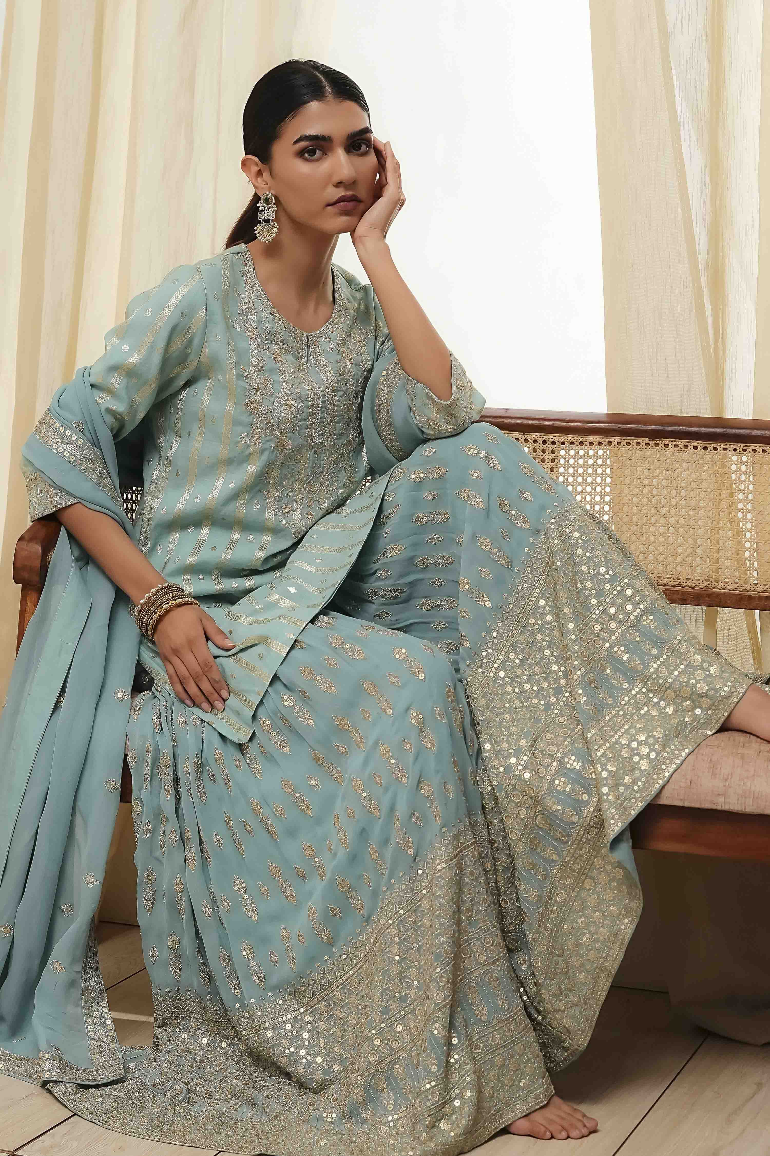 Powder Blue Embroidered Straight Suit Set image number 0