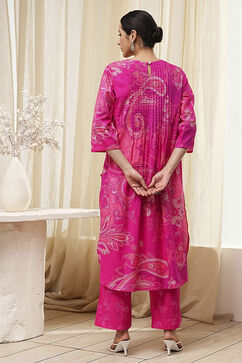 Pink Cotton Printed Pleated Kurta Set image number 4