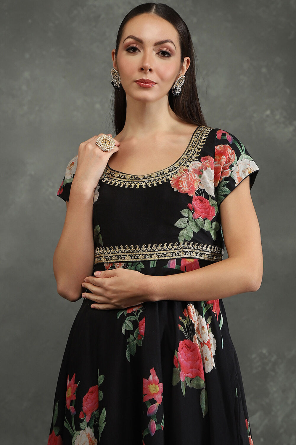 Black Silk Chanderi Floral Printed Anarkali Suit Set image number 1