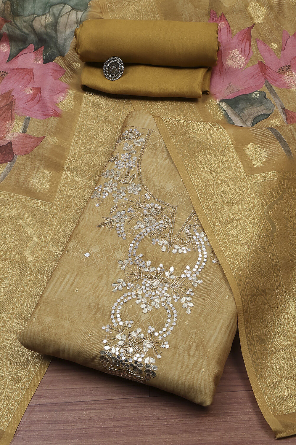 Mustard Yellow Chanderi Printed Unstitched Suit Set image number 0