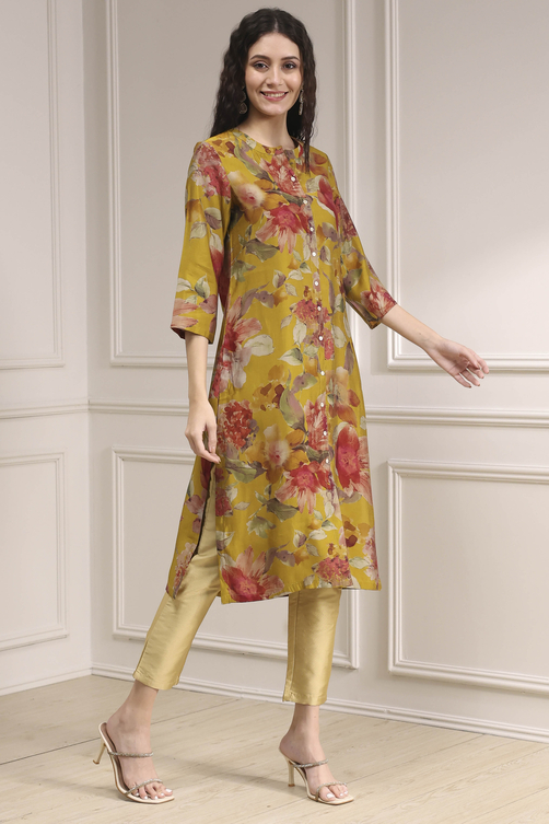Yellow Floral Printed Straight Kurta image number 4