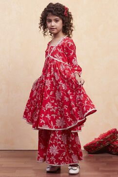 Red Cotton Tiered Suit Set image number 3