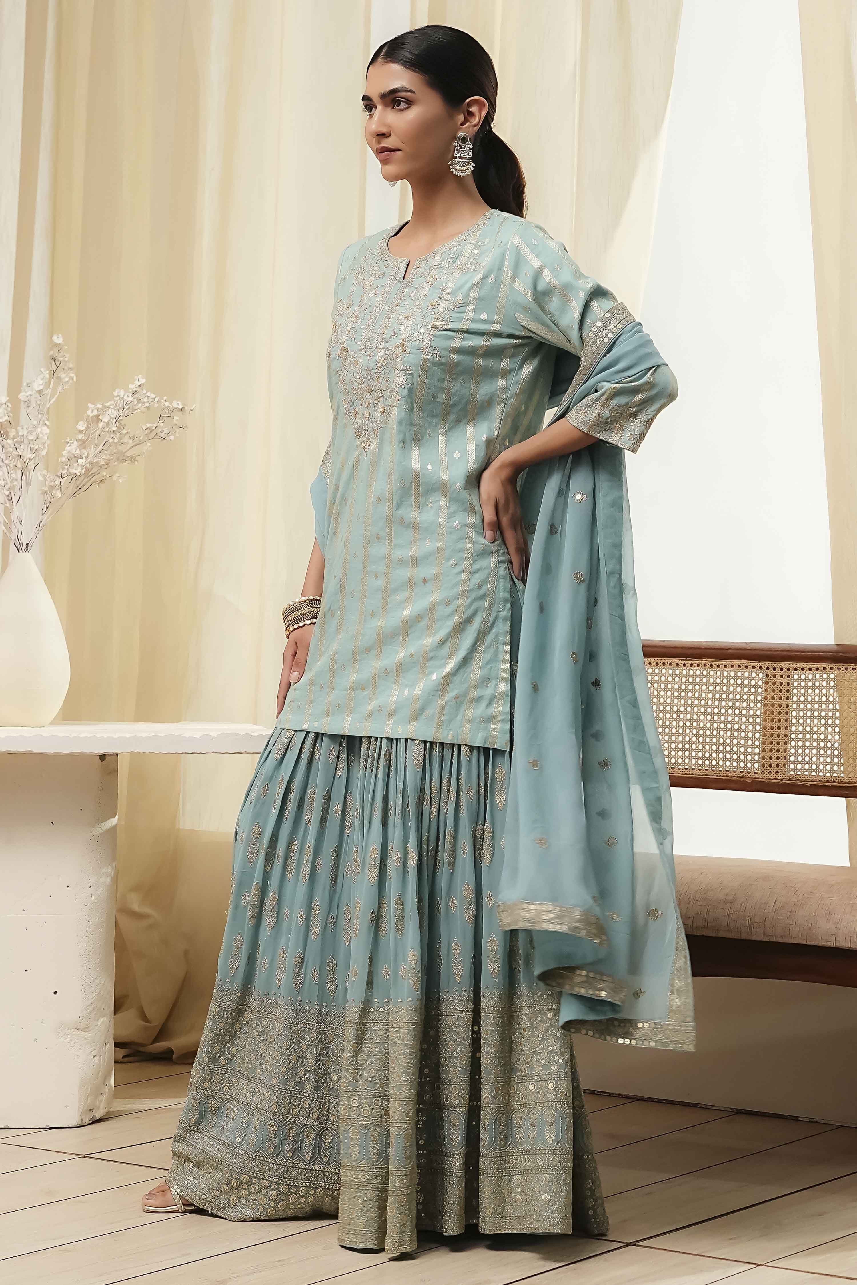 Powder Blue Embroidered Straight Suit Set image number 3