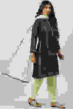 Beige & Black Printed Straight Kurta Salwar Suit Set image number 6