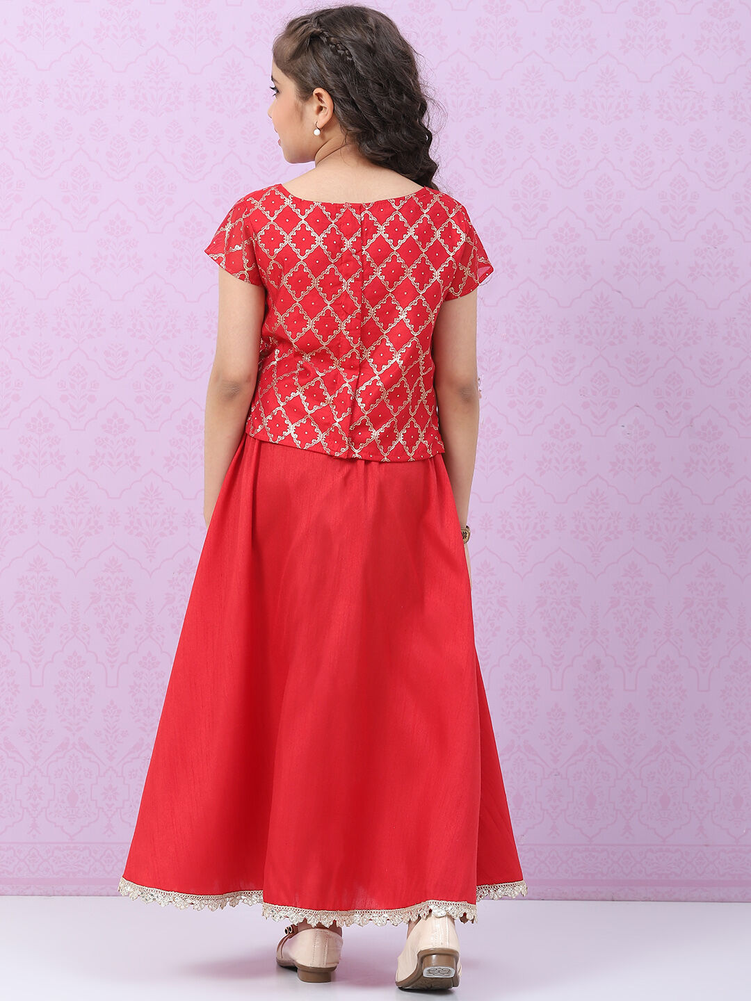 Red Art Silk Straight Lehenga Set image number 4