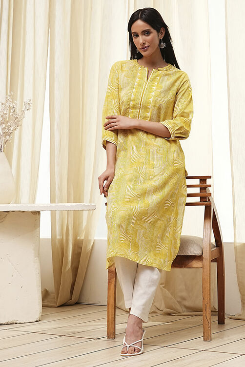 Yellow Cotton Printed Straight Kurta image number 0