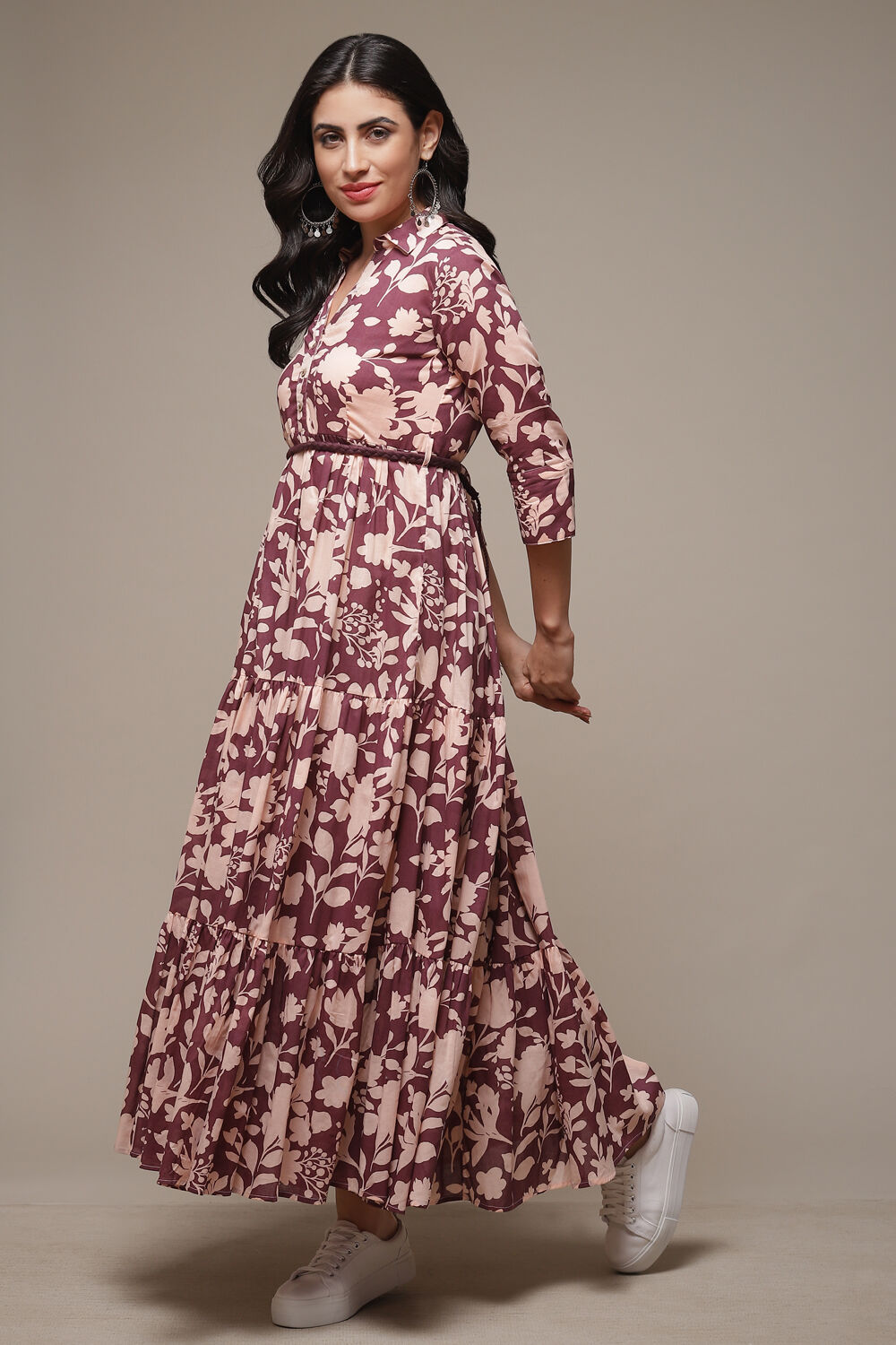Beige Cotton Tiered Printed Dress image number 3