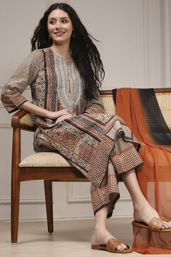 Brown Cotton Printed Straight Suit Set image number 0