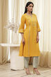 Ochre Yellow Cotton Solid Straight Kurta image number 4