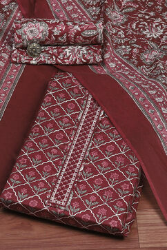 Maroon Cotton Floral Printed Unstitched Suit Set image number 0