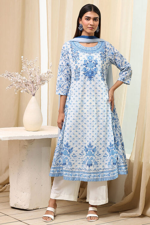 Off-White and Blue Cotton Floral Kalidar Suit Set image number 6