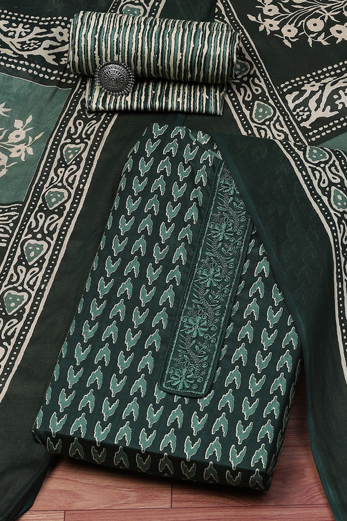 Green Cotton Screen Printed Unstitched Suit Set image number 0