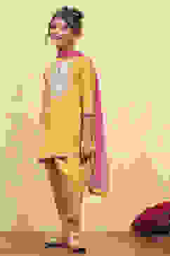 Yellow Cotton Dyed Straight Suit Set image number 3