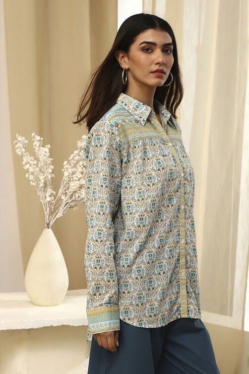 Blue Cotton Printed Straight Shirt image number 4