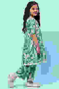 Green Cotton Floral Gathered Kurta and Palazzo Set image number 5