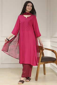 Pink Embroidered Straight Suit Set image number 0