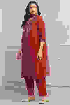 Red Art Silk Straight Kurta Slim Pant Suit Set image number 3