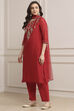 Red Art Silk Straight Kurta Slim Pant Suit Set image number 3
