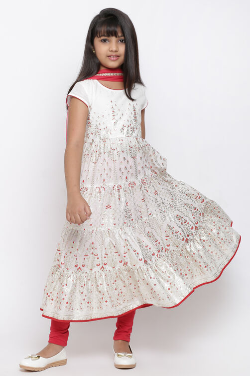 Off White Cotton Straight Kurta Churidar Suit Set image number 4