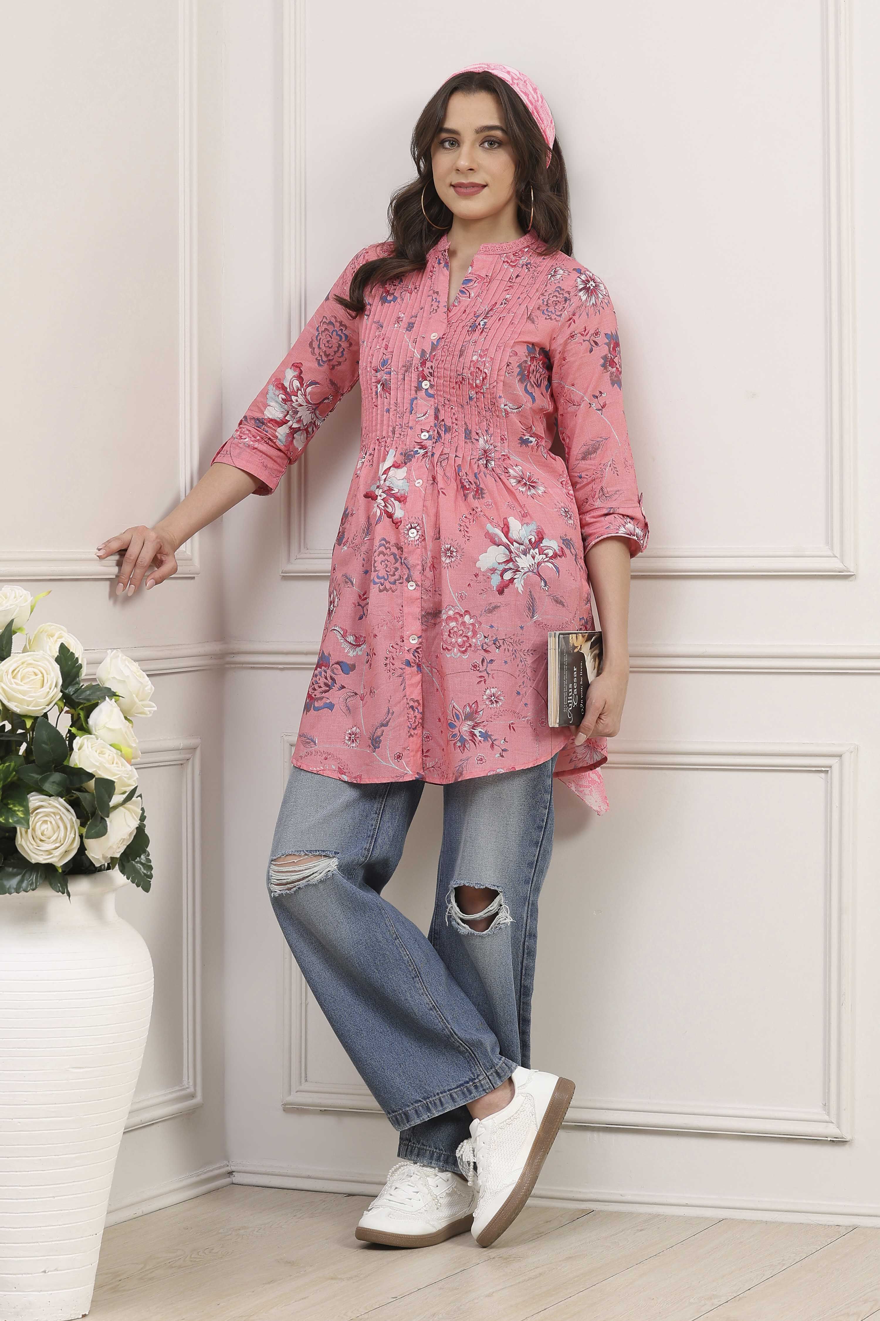 Pink Cotton Printed Straight Kurti image number 5