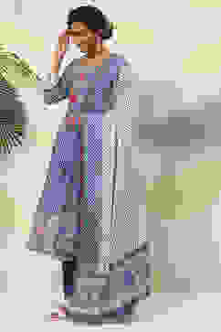 White And Blue Cotton Anarkali Kurta Churidar Suit Set image number 5