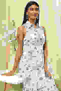 White and Blue Cotton Floral Tiered Dress image number 1