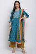 Teal Cotton Straight Kurta Palazzo Suit Set image number 0
