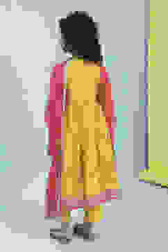 Yellow Cotton Printed Tiered Suit Set image number 4