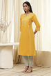 Ochre Yellow Cotton Solid Straight Kurta image number 2