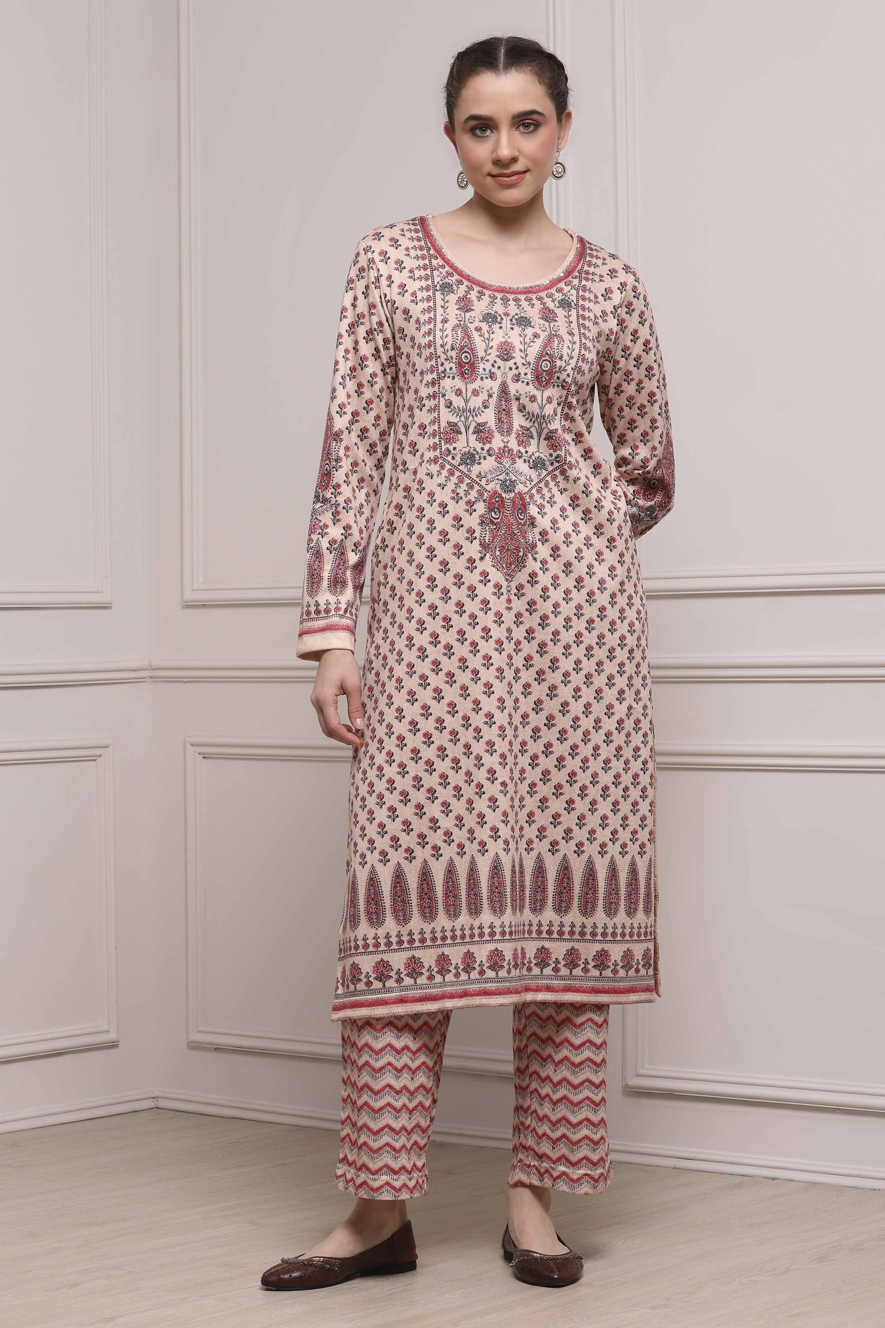 Beige Blended Printed Straight Kurta Pants Set image number 5