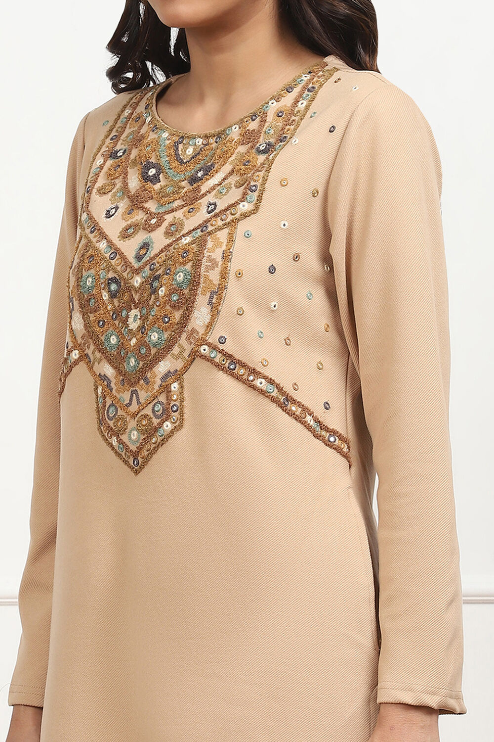 Beige Velvet Straight Kurta image number 1