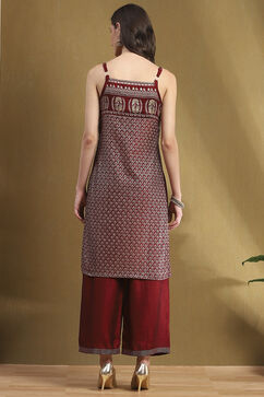 Maroon Silk Floral Hand-Block Printed Festive Straight Kurta image number 3