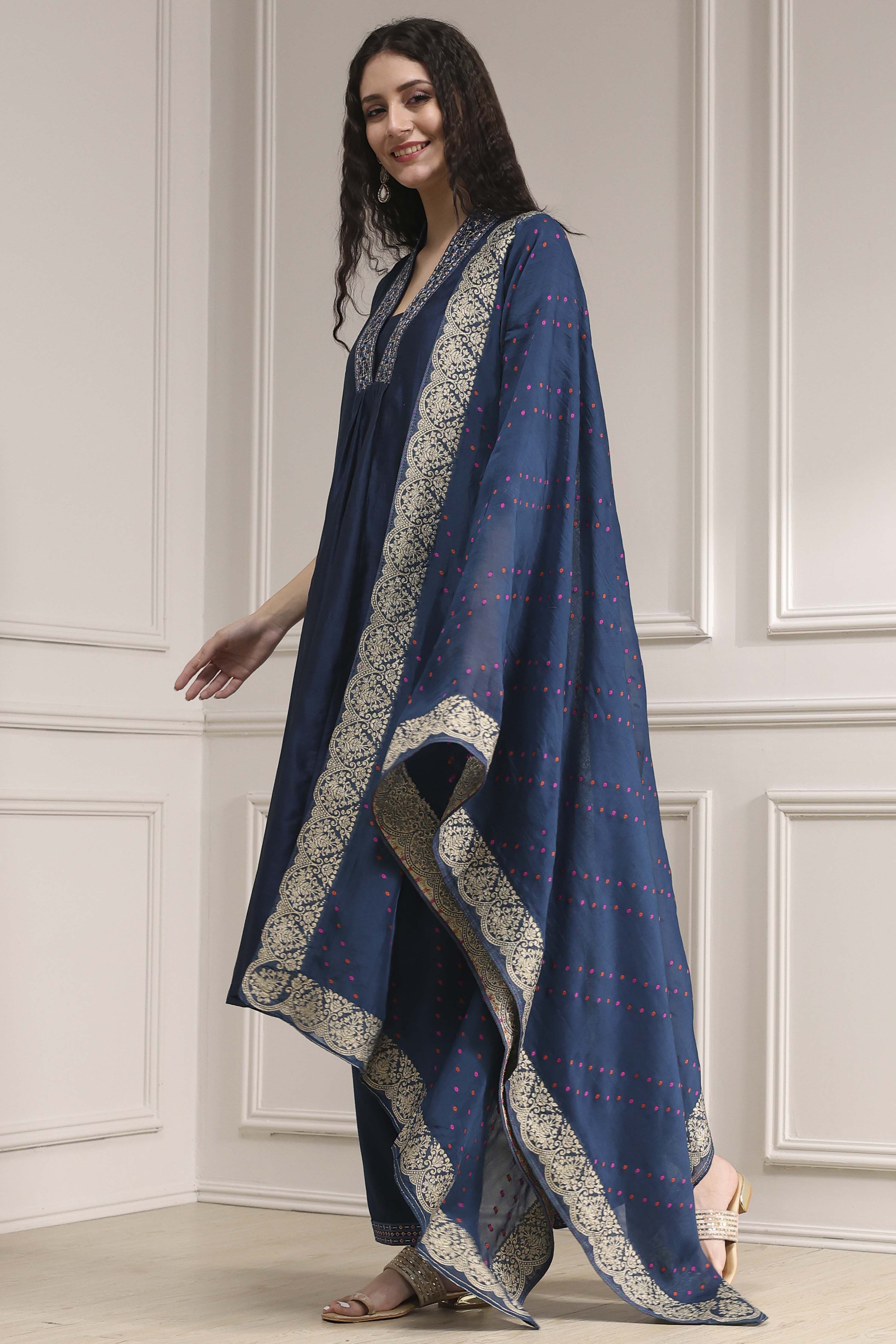 Blue Chanderi Solid Gathered Suit Set image number 3