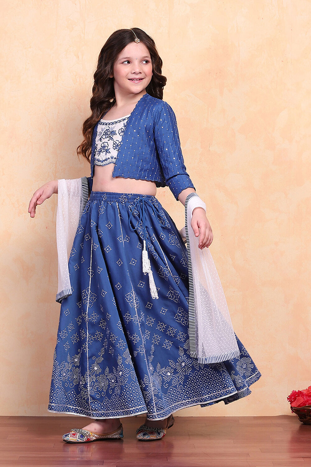 Blue-White Poly Chanderi Short Straight Lehenga Set image number 3