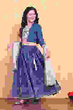 Blue-White Poly Chanderi Short Straight Lehenga Set image number 3