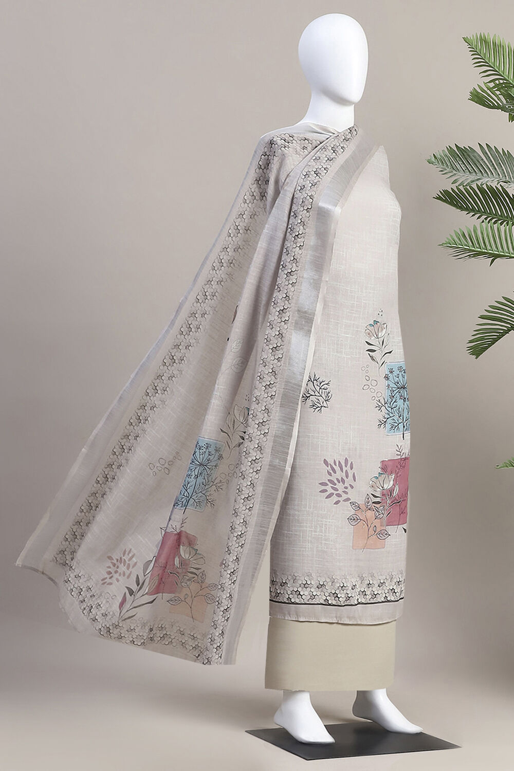 Wine Linen Blend Machine Embroidered Unstitched Suit Set image number 4