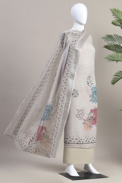 Beige Linen Blend Machine Embroidered Unstitched Suit Set image number 4