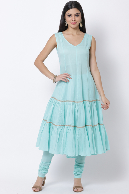 Sky Blue Poly Cotton Flared Kurta Churidar Suit Set image number 4