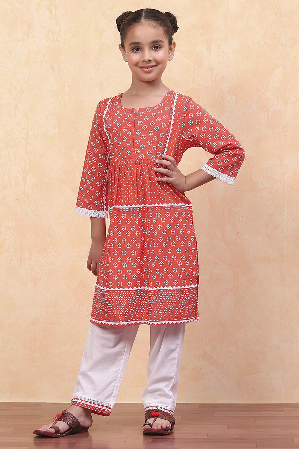 Orange and White Cotton Printed Straight Kurta Set image number 6