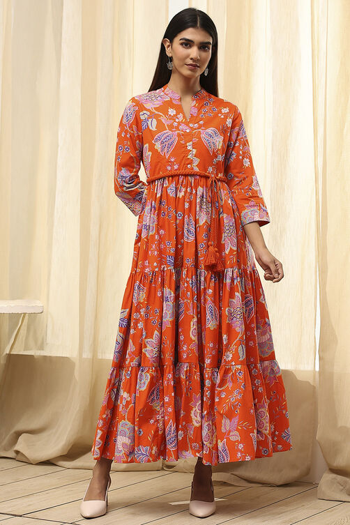 Earthy Blue Cotton Floral Tiered Dress image number 5