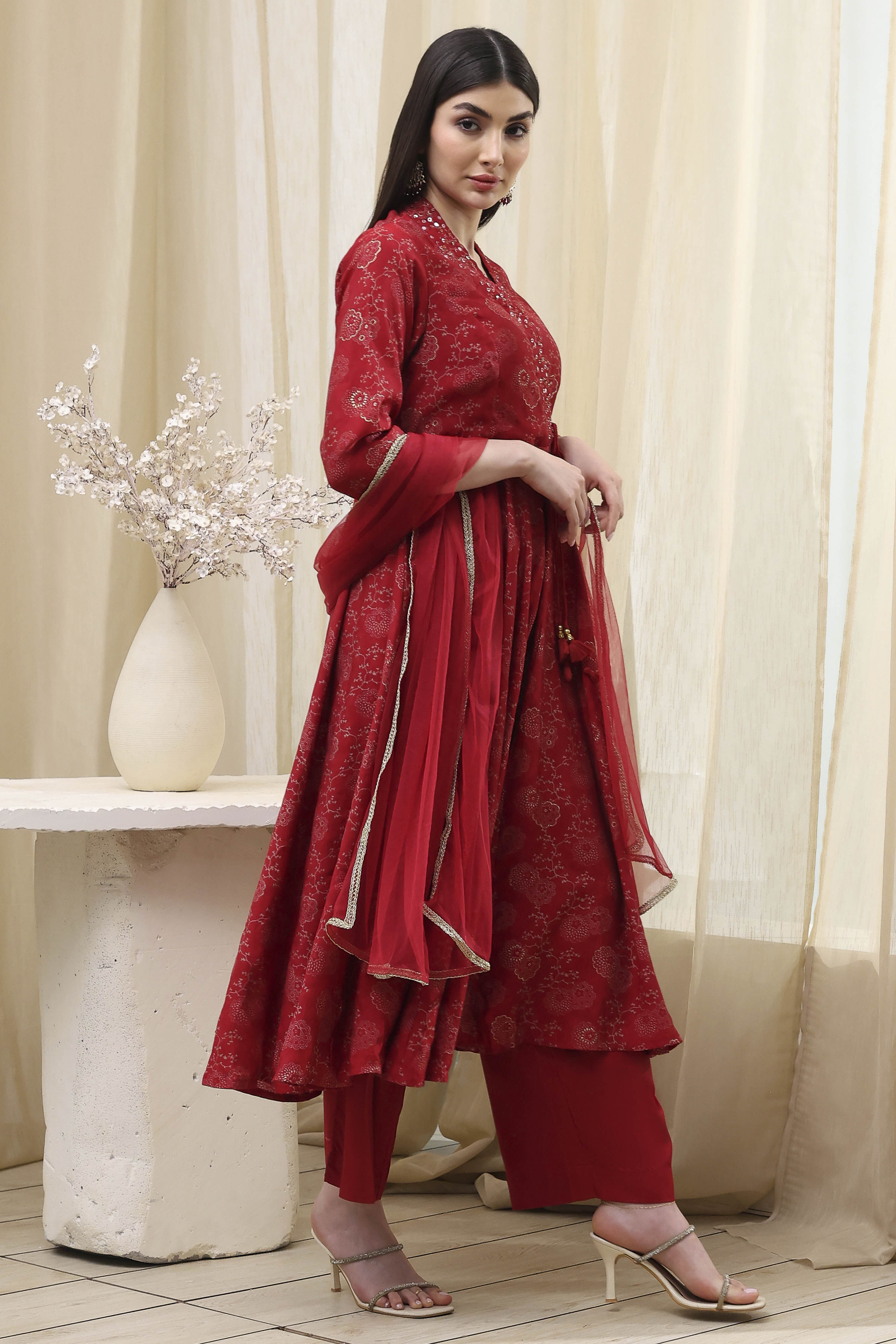 Red Printed Angrakha Style Anarkali Suit Set image number 5