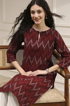 Maroon Cotton Ikat Straight Kurta image number 0