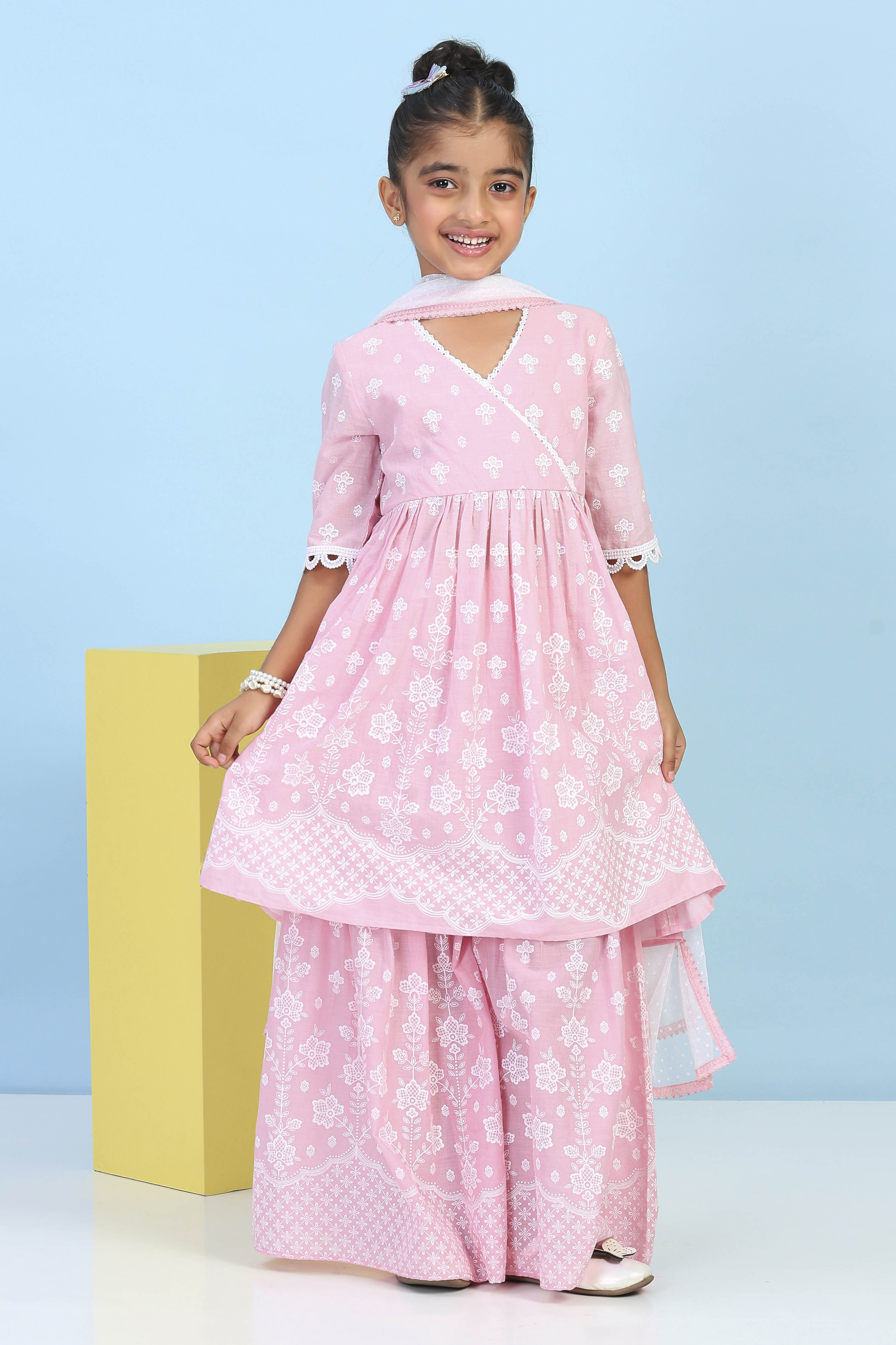 Pink Cotton Printed A-line Suit Set image number 6