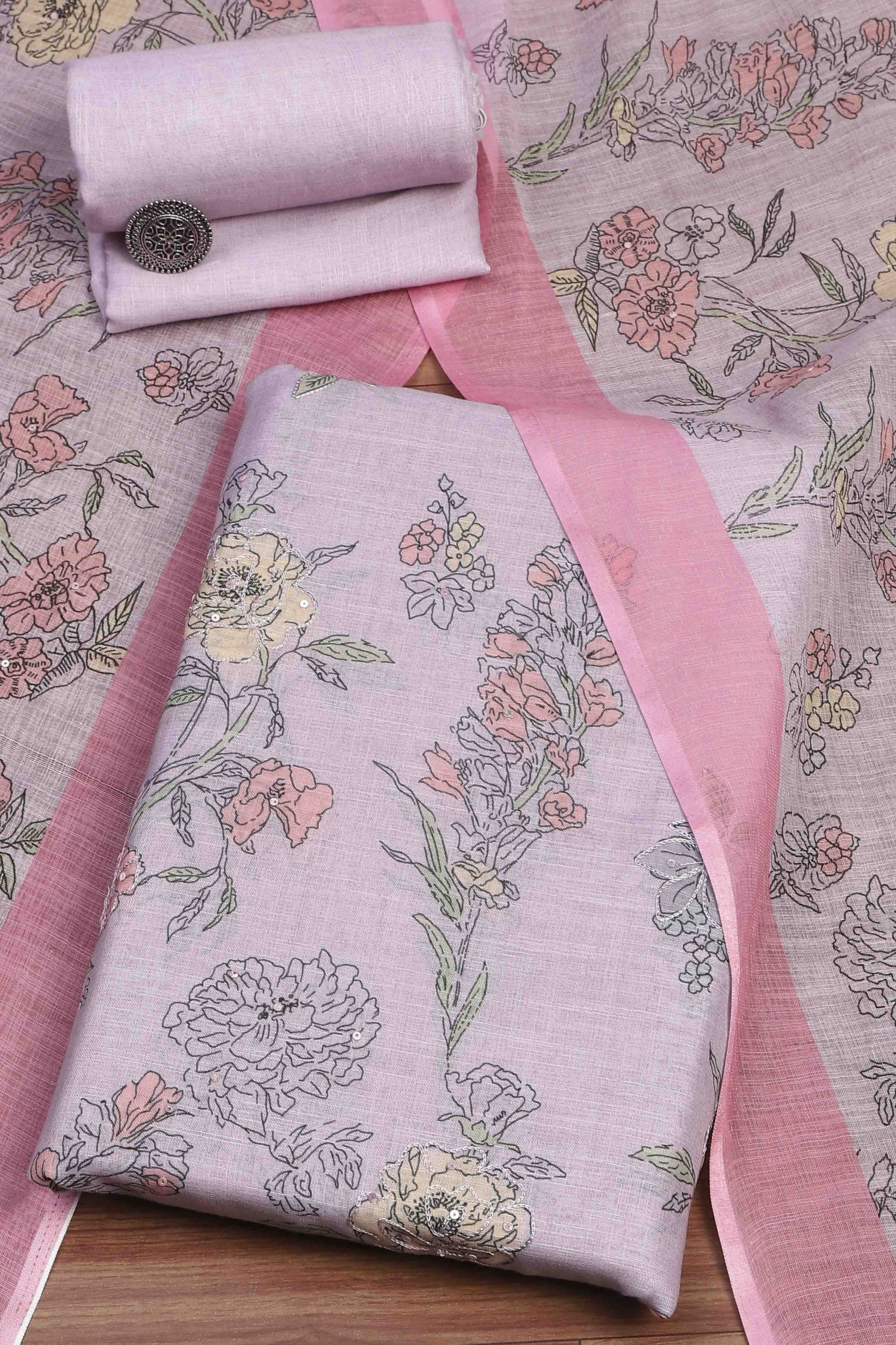 Lavender Linen Unstitched Suit Set image number 0